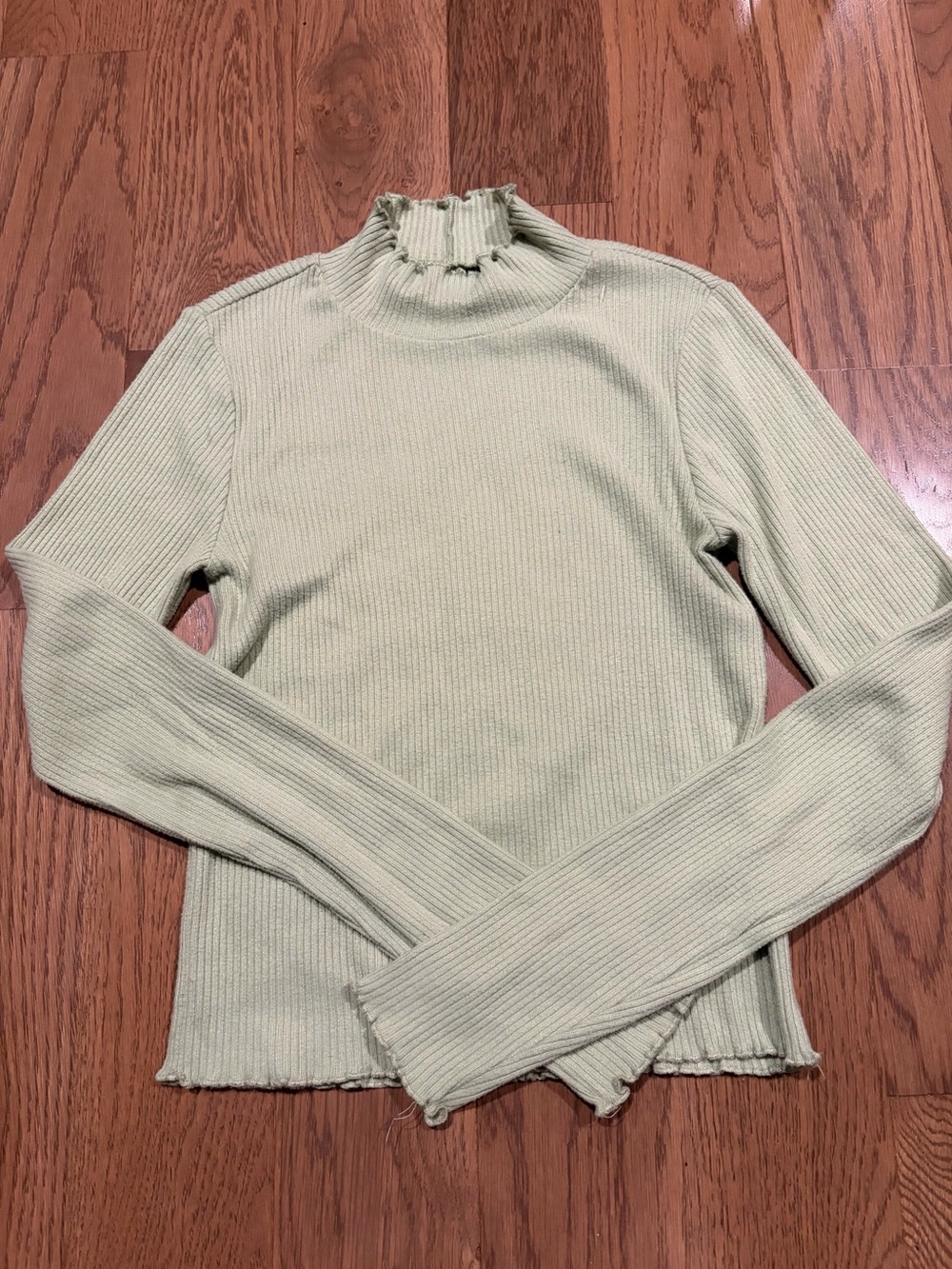 American Eagle Outfitters Women's Light Green Ribbed Mock Neck Top